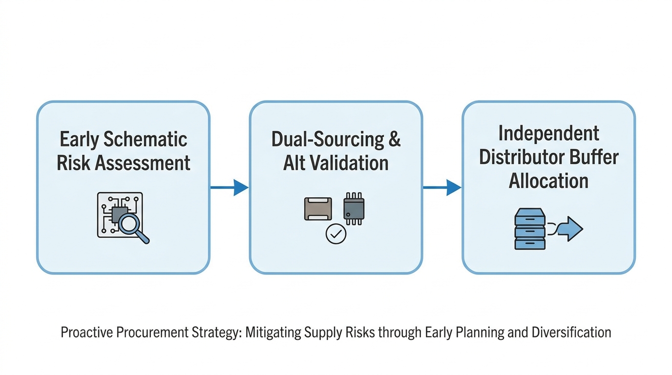A clean workflow diagram outlining a proactive MLCC procurement strategy. Three main steps are displayed left-to-right inside rounded rectangular boxes connected by blue arrows: Step 1 labeled 